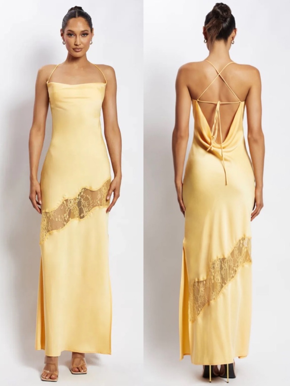 MESHKI NWT Chandra Lace Detail Satin Maxi Dress Lemon Large